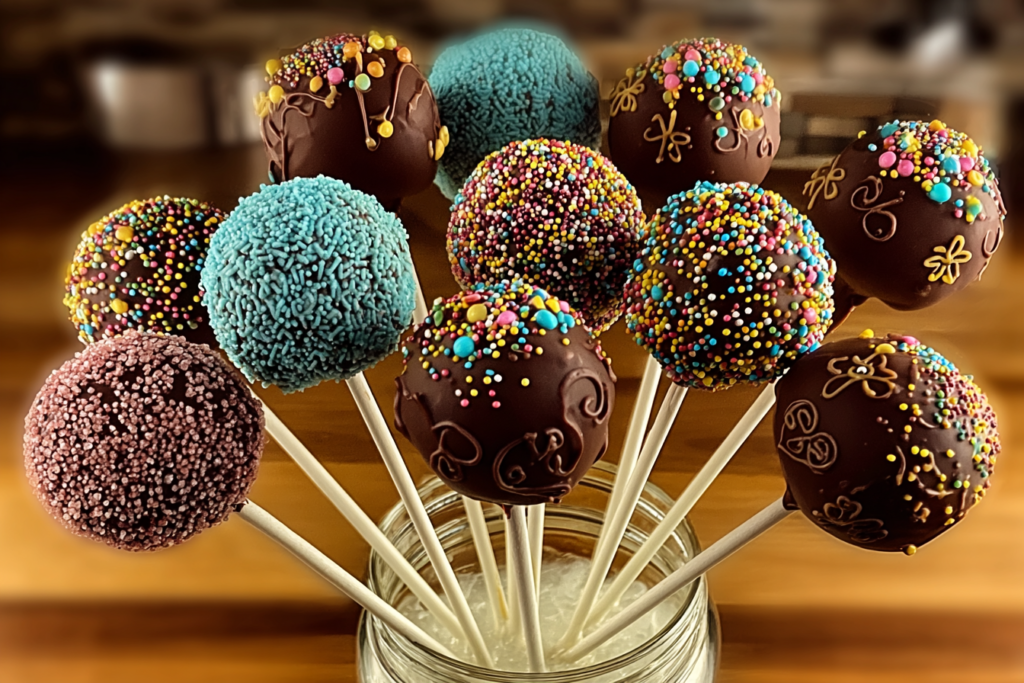 Cake and Cake Popsd with sprinkles and icing sticks