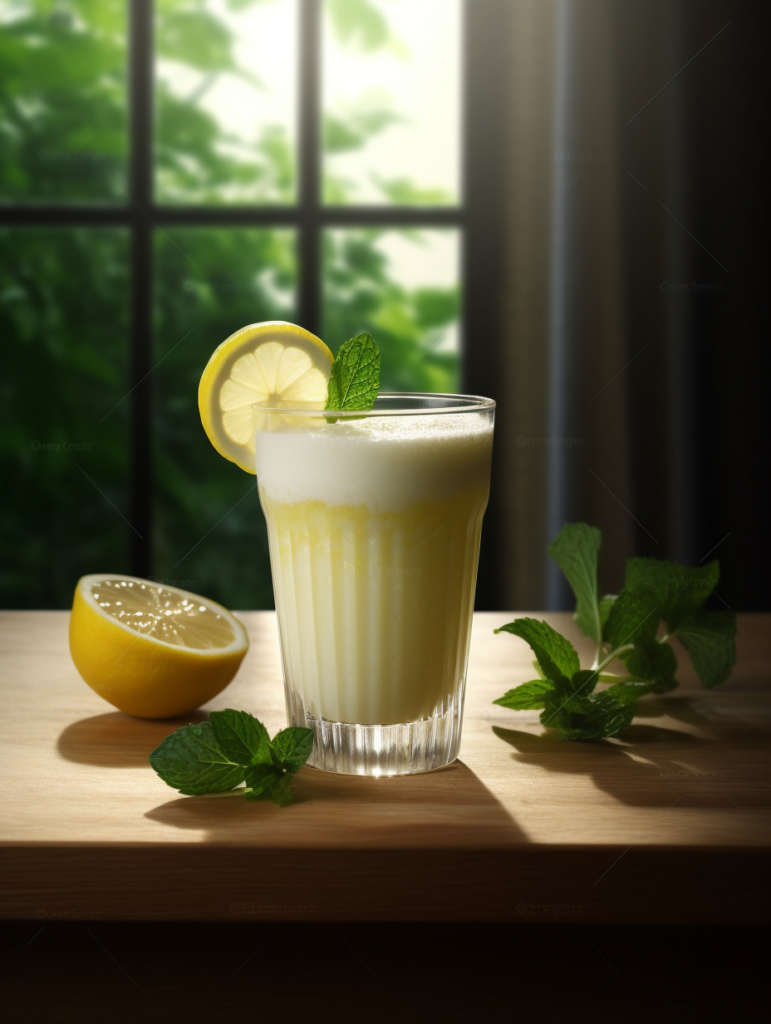A glass of creamy lemon smoothie garnished with a lemon slice and mint on a wooden table.