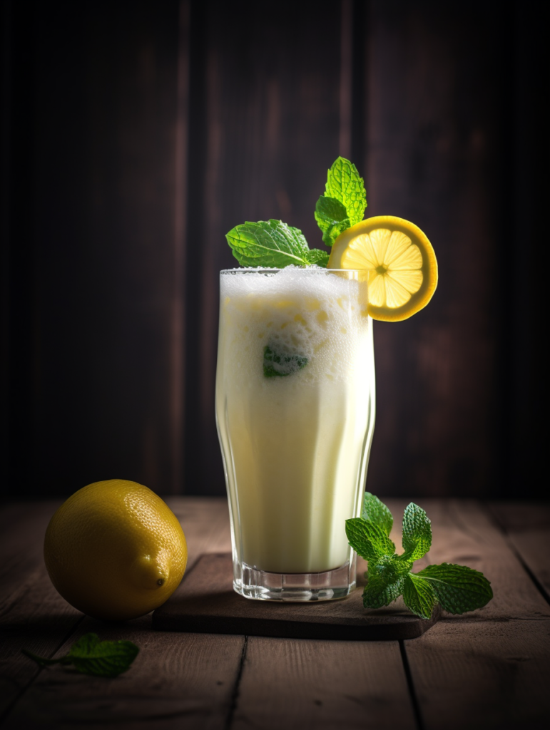 Minimalist lemon smoothie in a tall glass with subtle garnish, placed on a white surface.