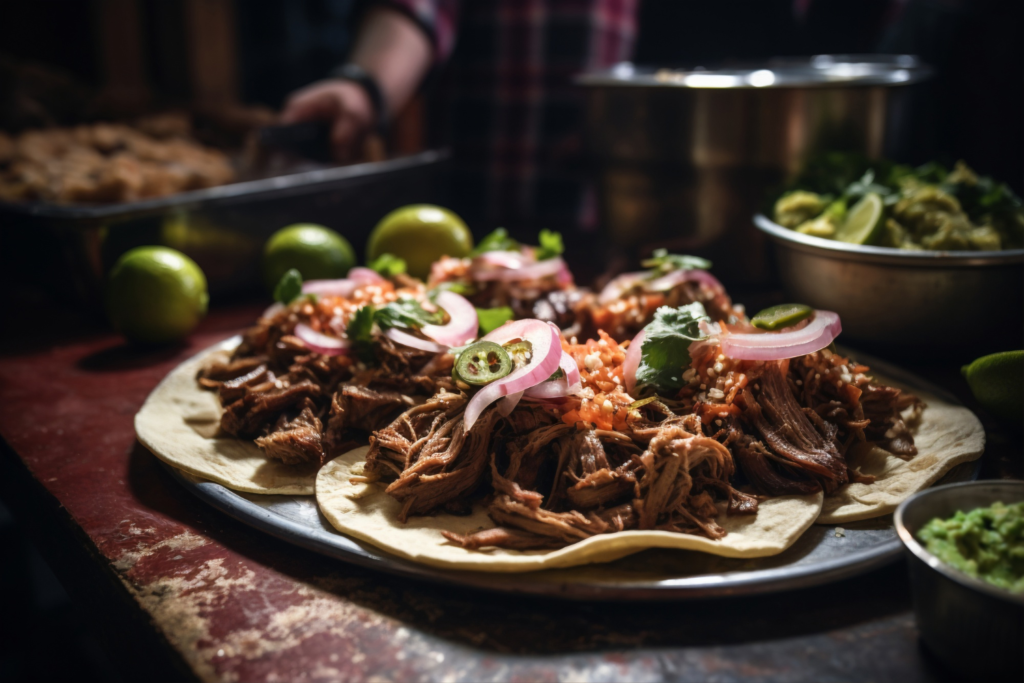 Shredded Mexican beef barbacoa served in soft corn tortillas, topped with diced onion, cilantro, and lime wedges on a rustic plate.

