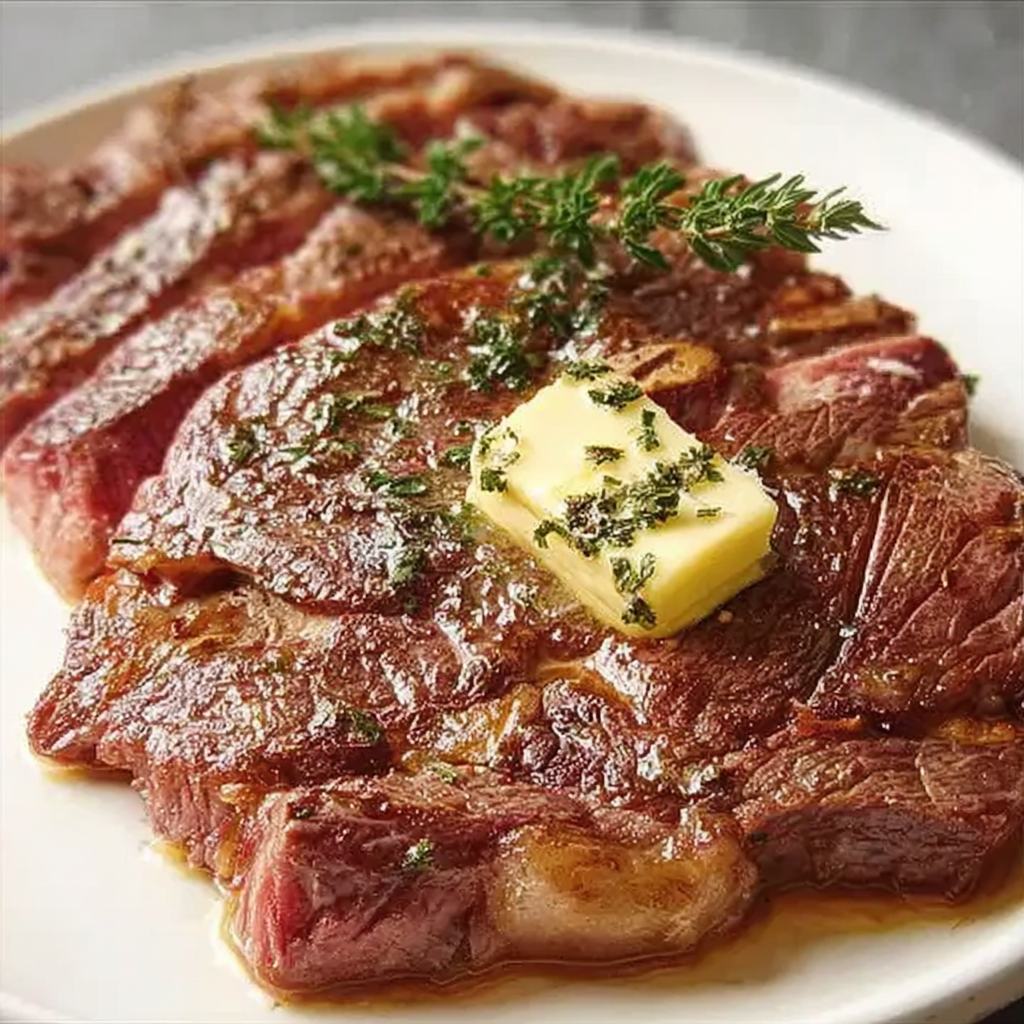 Thick-cut bone-in ribeye steak grilled to perfection with char marks, served on a wooden board with rosemary sprigs and coarse sea salt.