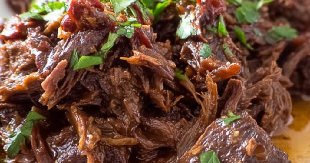 Shredded beef cheeks barbacoa piled high on warm corn tortillas, topped with fresh cilantro, onions, and lime wedges on the side.