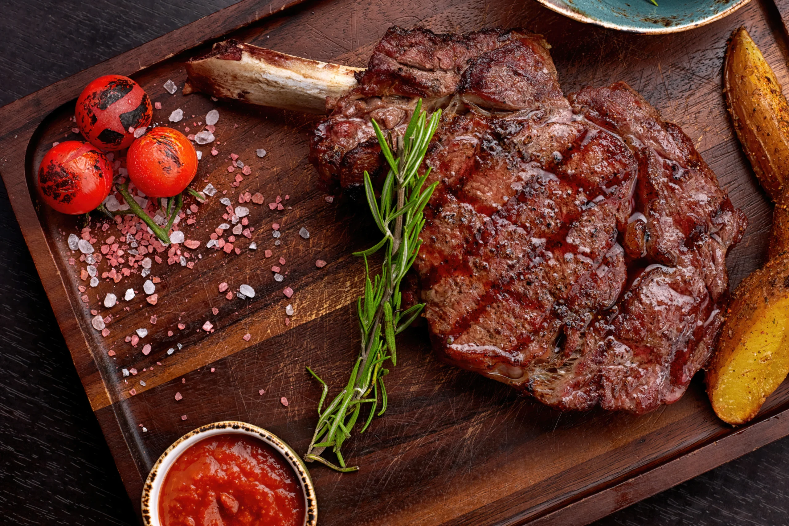 Perfectly seared bone-in ribeye steak with a charred crust, resting on a wooden cutting board, garnished with fresh rosemary and sea salt.