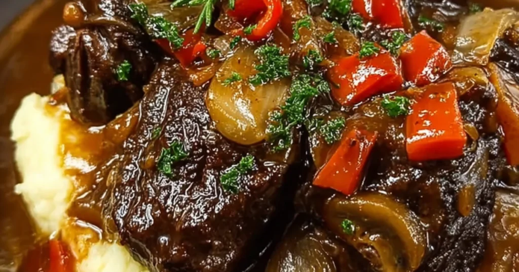 Tender slow-cooked beef cheeks served in a deep, rich gravy with mashed potatoes and fresh herbs on a rustic plate.