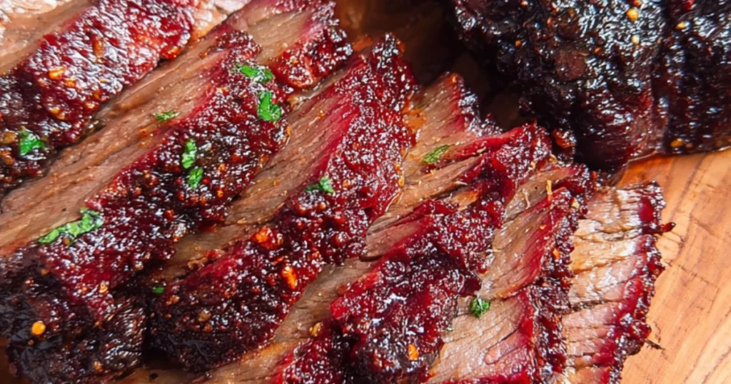 Smoked beef cheeks sliced and served on a wooden board, showing juicy, tender meat with a dark, smoky bark, garnished with herbs.