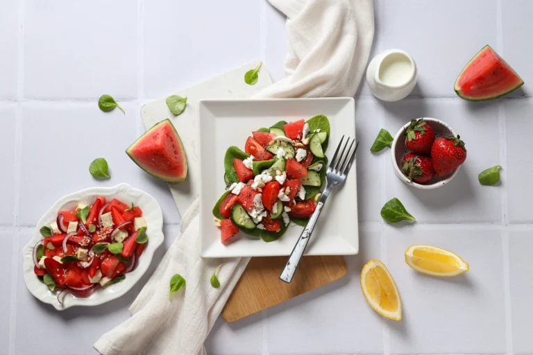 Close-up of watermelon feta salad with balsamic glaze drizzled on top