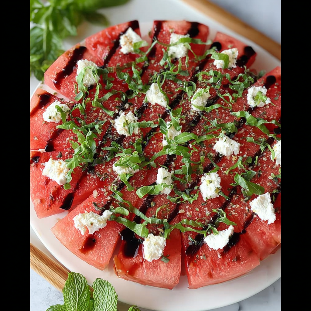 Fresh watermelon cubes, crumbled feta, and mint leaves in a bowl”