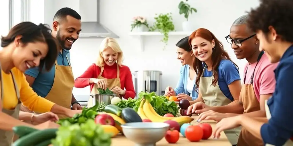 Weight Watchers community group cooking together in a kitchen